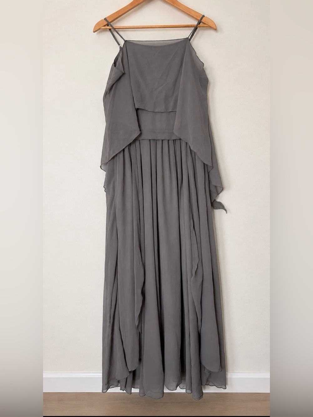 Elegant Gray Maxi Dress with Layered Draped Bodice